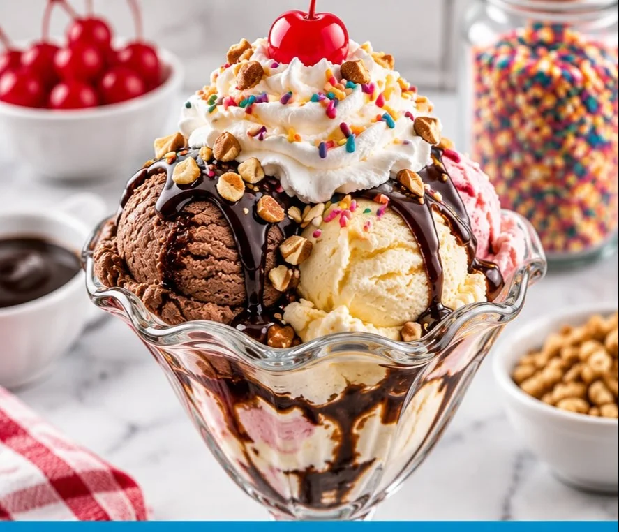Delicious ice cream sundae with toppings and drizzles