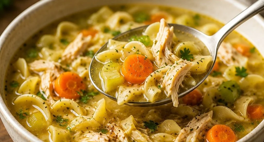 Bowl of Instant Pot chicken noodle soup with fresh herbs and vegetables.