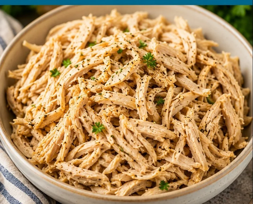 Instant Pot shredded chicken served in a bowl with fresh herbs