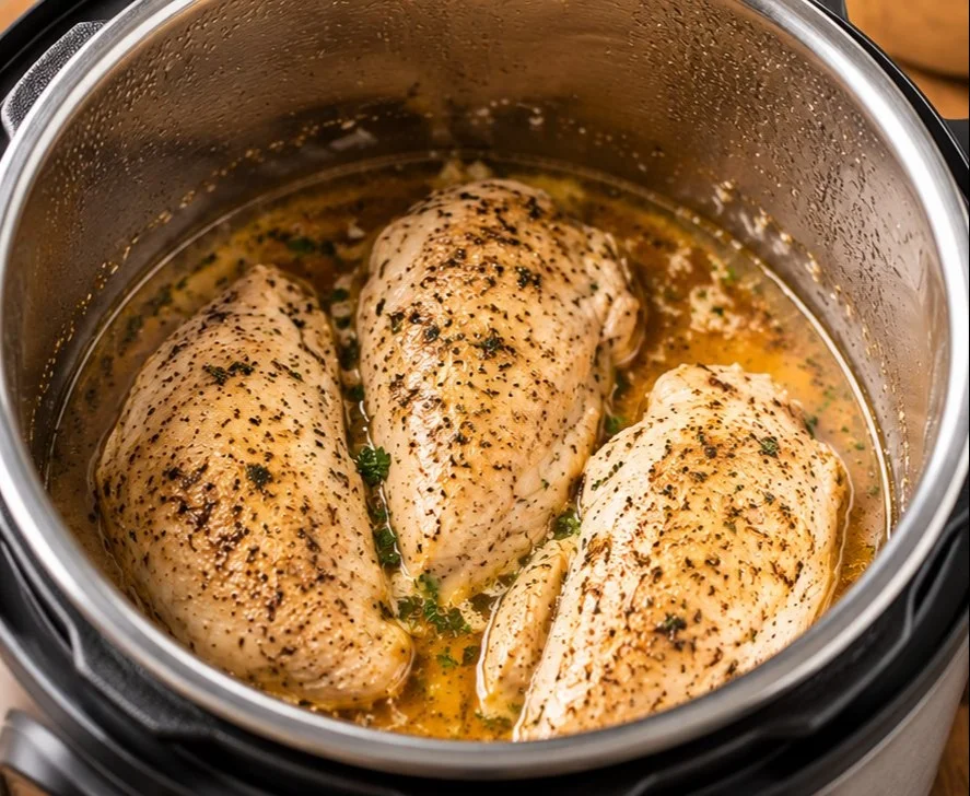 Instant Pot Shredded Chicken ready to serve in a bowl with herbs.
