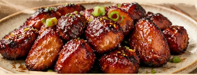 Delicious Char Siu Chicken on a plate with vibrant garnishes