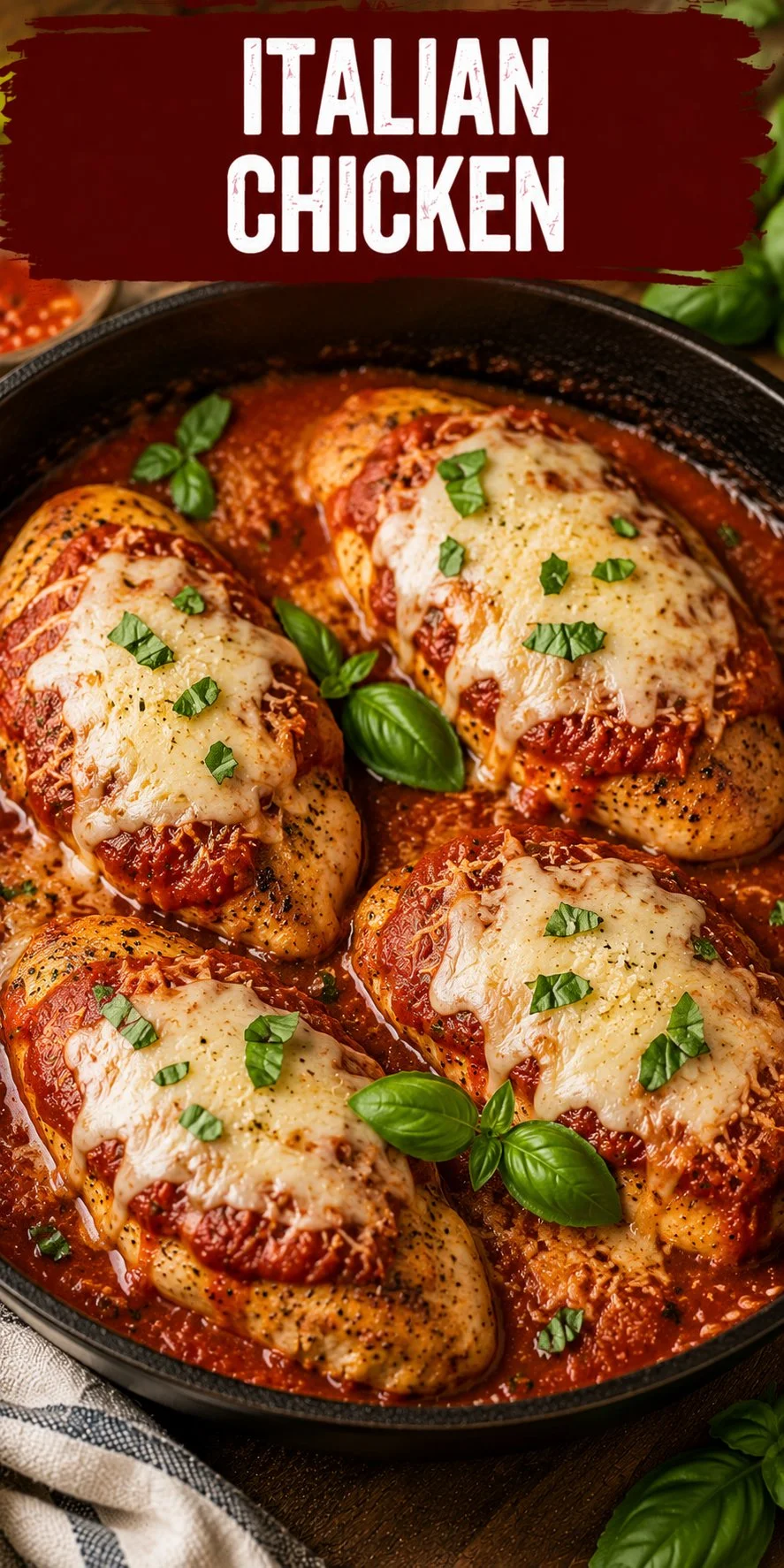 Delicious Italian Chicken dish garnished with herbs and served with vegetables.