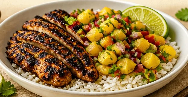 Jerk chicken bowl with pineapple salsa, showcasing vibrant ingredients.