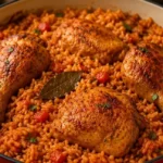 Delicious plate of Jollof Rice and Chicken with vibrant spices