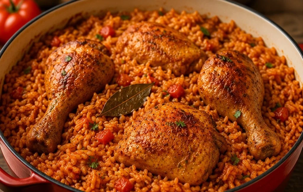 Delicious plate of Jollof Rice and Chicken with vibrant spices