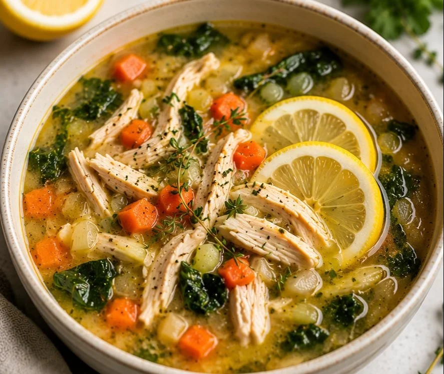 Bowl of homemade lemon chicken soup garnished with fresh herbs