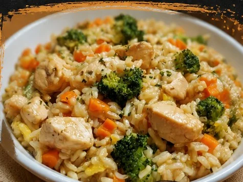 Lightened-up chicken and brown rice casserole in a baking dish