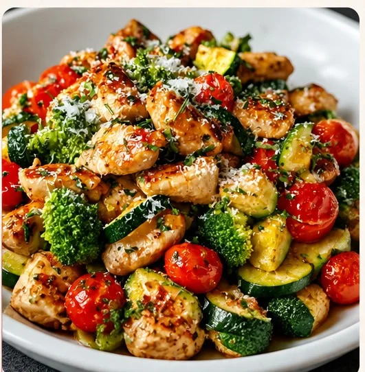 Loaded chicken and veggie skillet with colorful vegetables and tender chicken