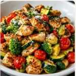 Loaded Chicken and Veggie Skillet with colorful vegetables and crispy chicken