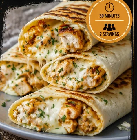 Low Carb Cheesy Garlic Chicken Wraps garnished with herbs on a plate