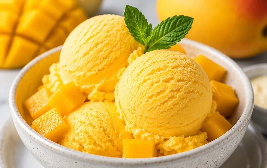 Delicious bowl of homemade Mango Ice Cream with a fresh mango slice