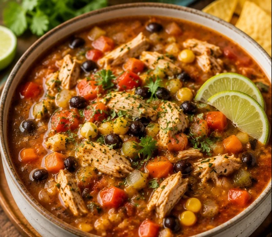 Bowl of flavorful Mexican Chicken Soup garnished with fresh herbs and lime