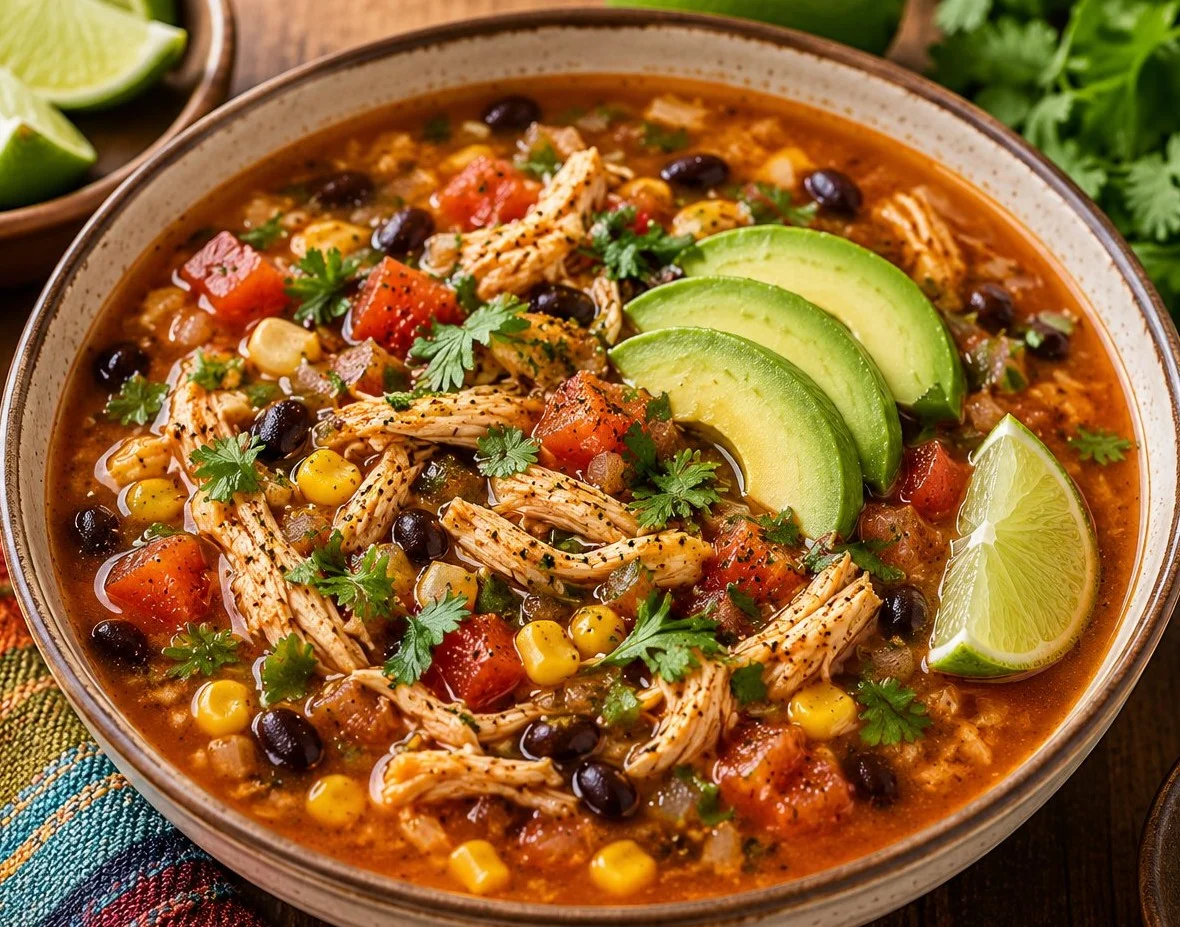 Bowl of traditional Mexican Chicken Soup garnished with fresh cilantro and lime.