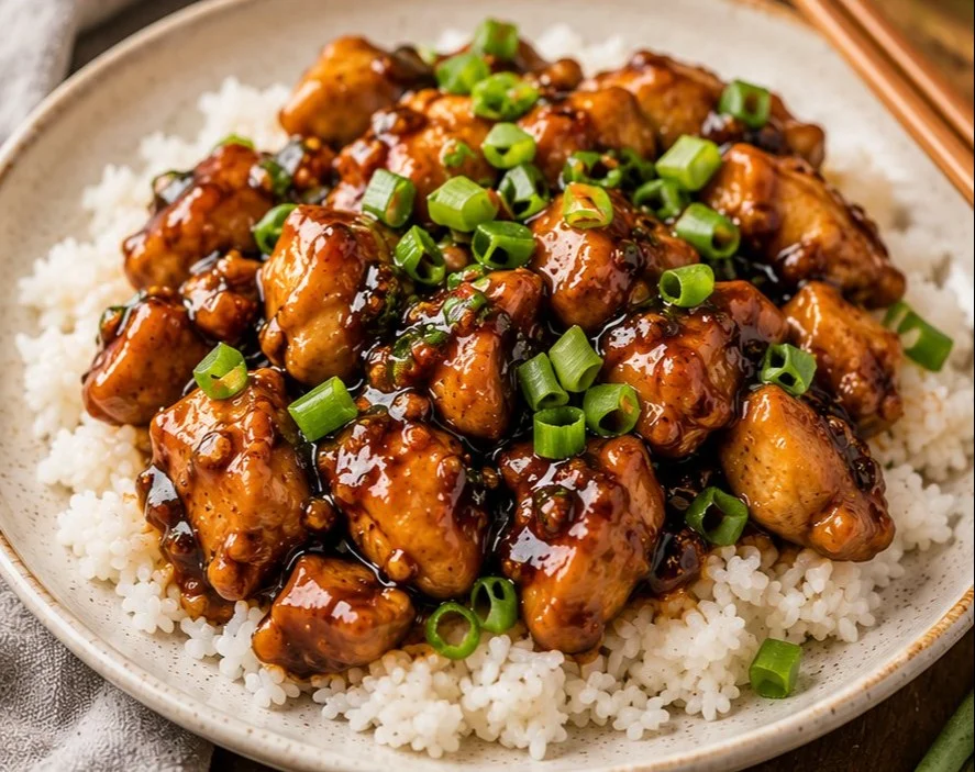 Delicious plate of Mongolian Chicken served with vegetables and rice