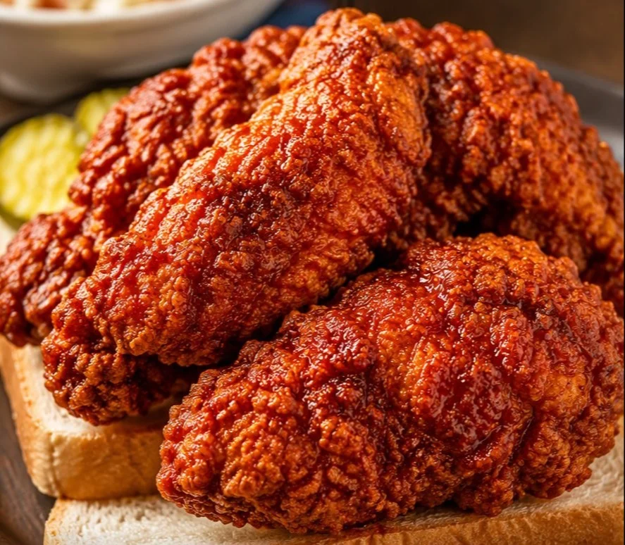 Plate of Nashville hot chicken with pickles and white bread
