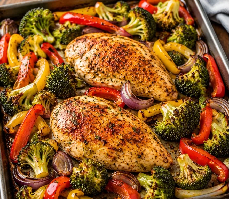 One Pan Chicken Dinner with vegetables and herbs
