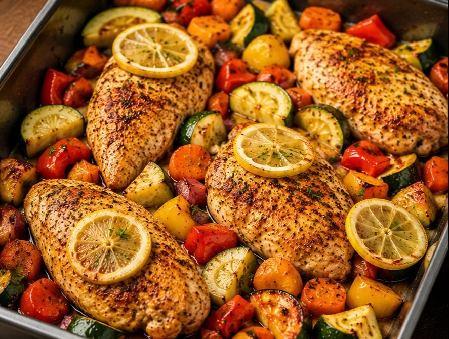 One Pan Chicken Dinner with vegetables, a simple and flavorful meal.