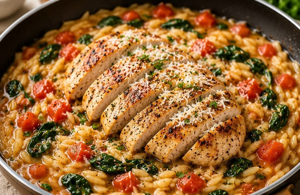 Delicious Orzo Chicken served with colorful vegetables on a plate