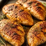 Delicious oven chicken recipe topped with herbs and spices ready to serve.