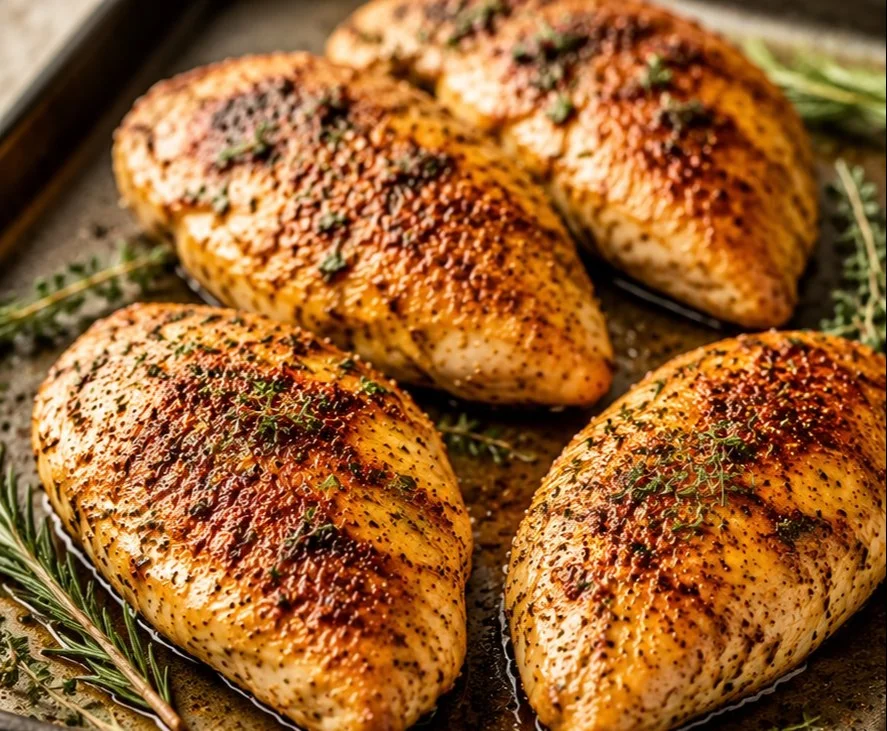 Delicious oven chicken recipe topped with herbs and spices ready to serve.