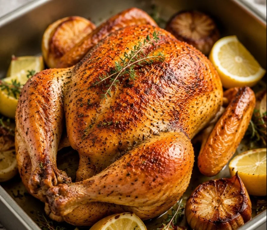 Delicious oven roasted chicken served with herbs and spices