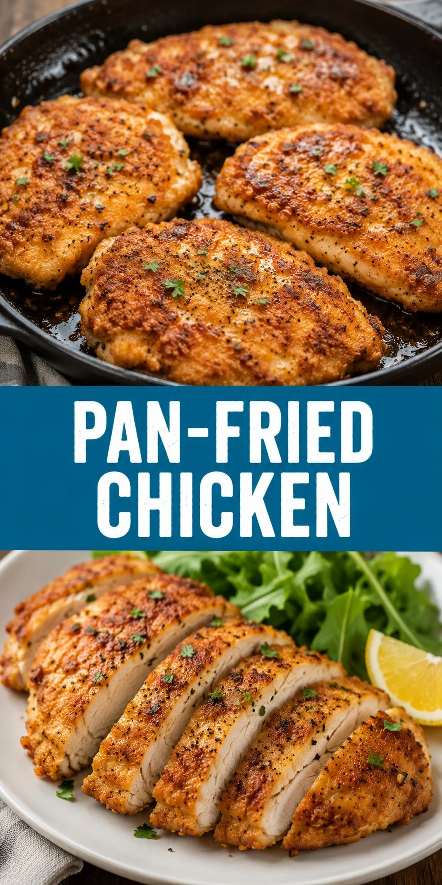 Delicious pan-fried chicken served on a plate with herbs and spices