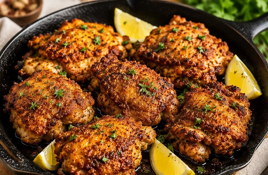 Delicious plate of pan fried chicken with golden crust and herbs