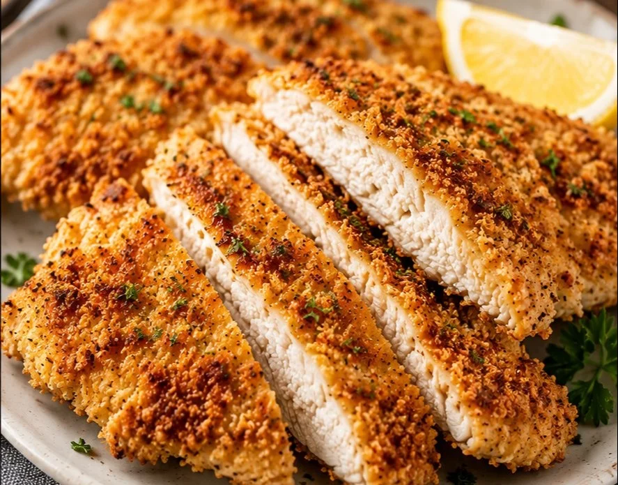 Crispy Panko Chicken served with fresh vegetables on a plate.