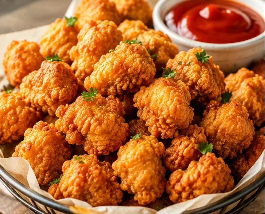 Crispy popcorn chicken served with dipping sauce