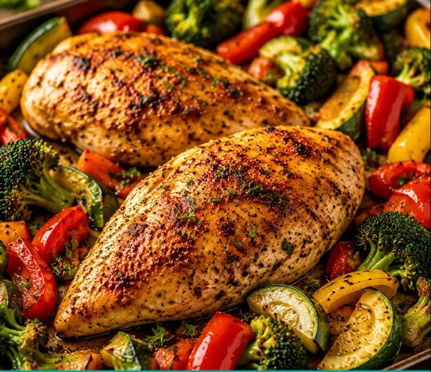A plate of quick chicken dinner with vegetables and herbs