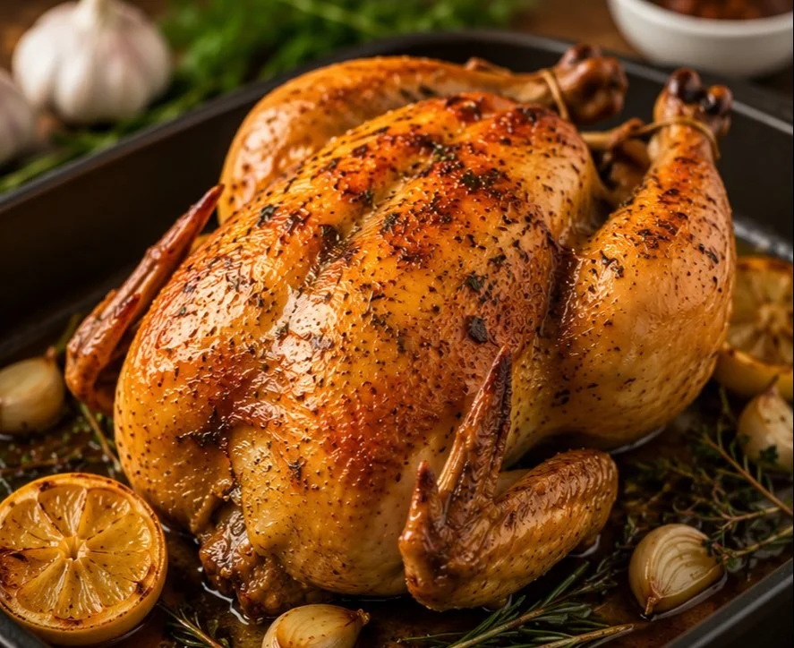 Perfectly roasted whole chicken served on a platter