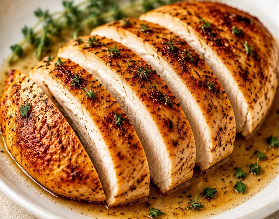 Juicy roasted chicken breast served with herbs and spices