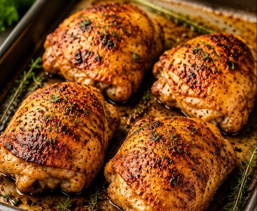 Delicious roasted chicken thighs garnished with herbs and spices