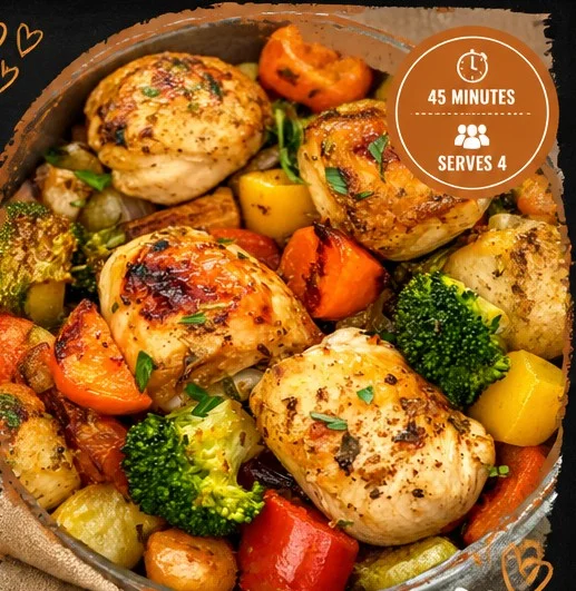Delicious roasted garlic chicken served with colorful vegetables.