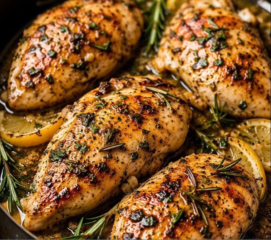 A delicious plate of rosemary chicken garnished with fresh herbs and served with vegetables.