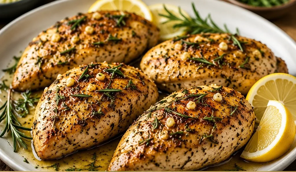 Delicious rosemary chicken garnished with fresh herbs on a plate