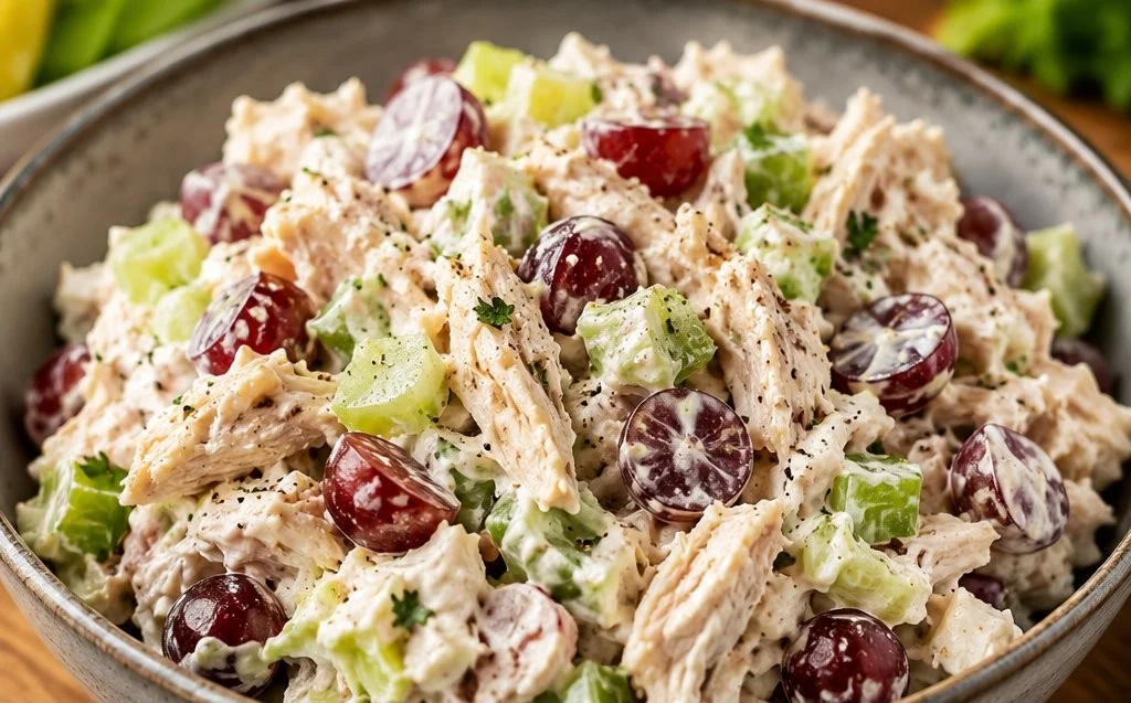 Delicious rotisserie chicken salad with fresh greens and dressing
