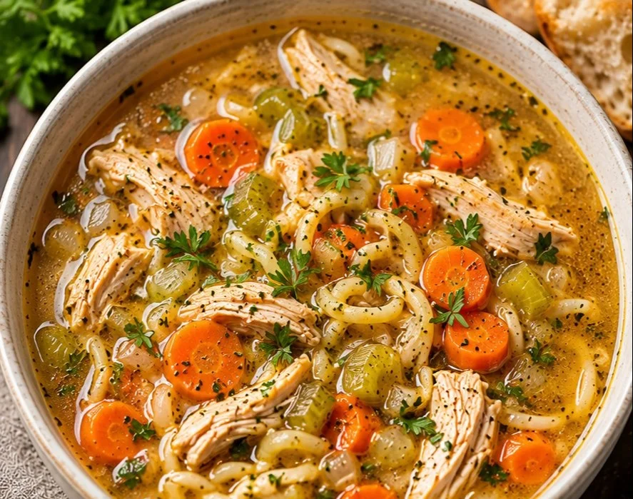 Bowl of homemade rotisserie chicken soup with vegetables and herbs