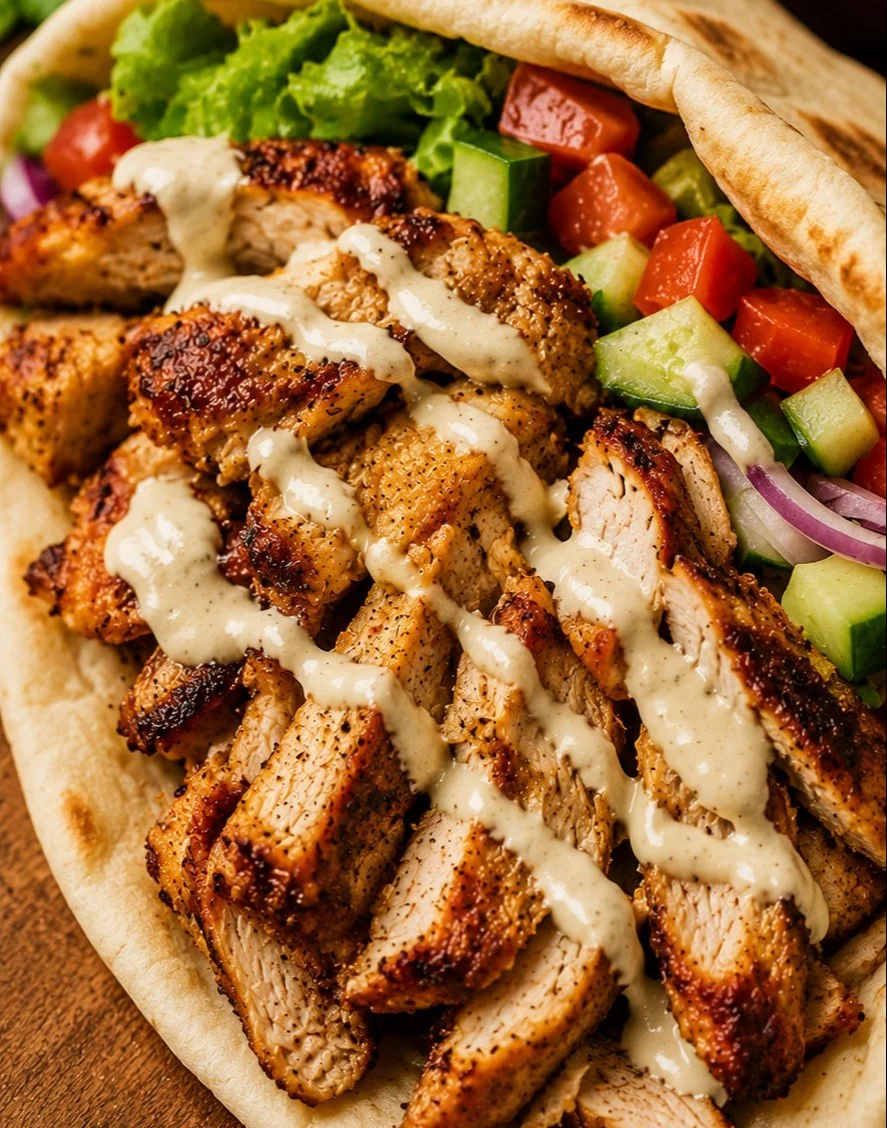 Delicious Shawarma Chicken served with fresh vegetables and sauces