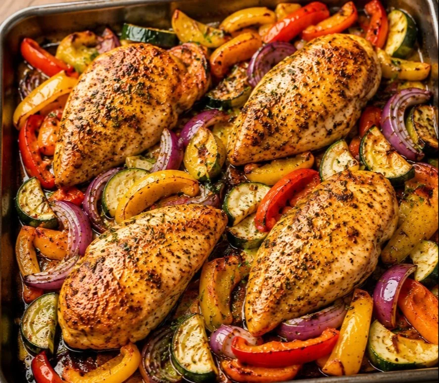 Sheet Pan Chicken and Veggies meal featuring roasted chicken and colorful vegetables