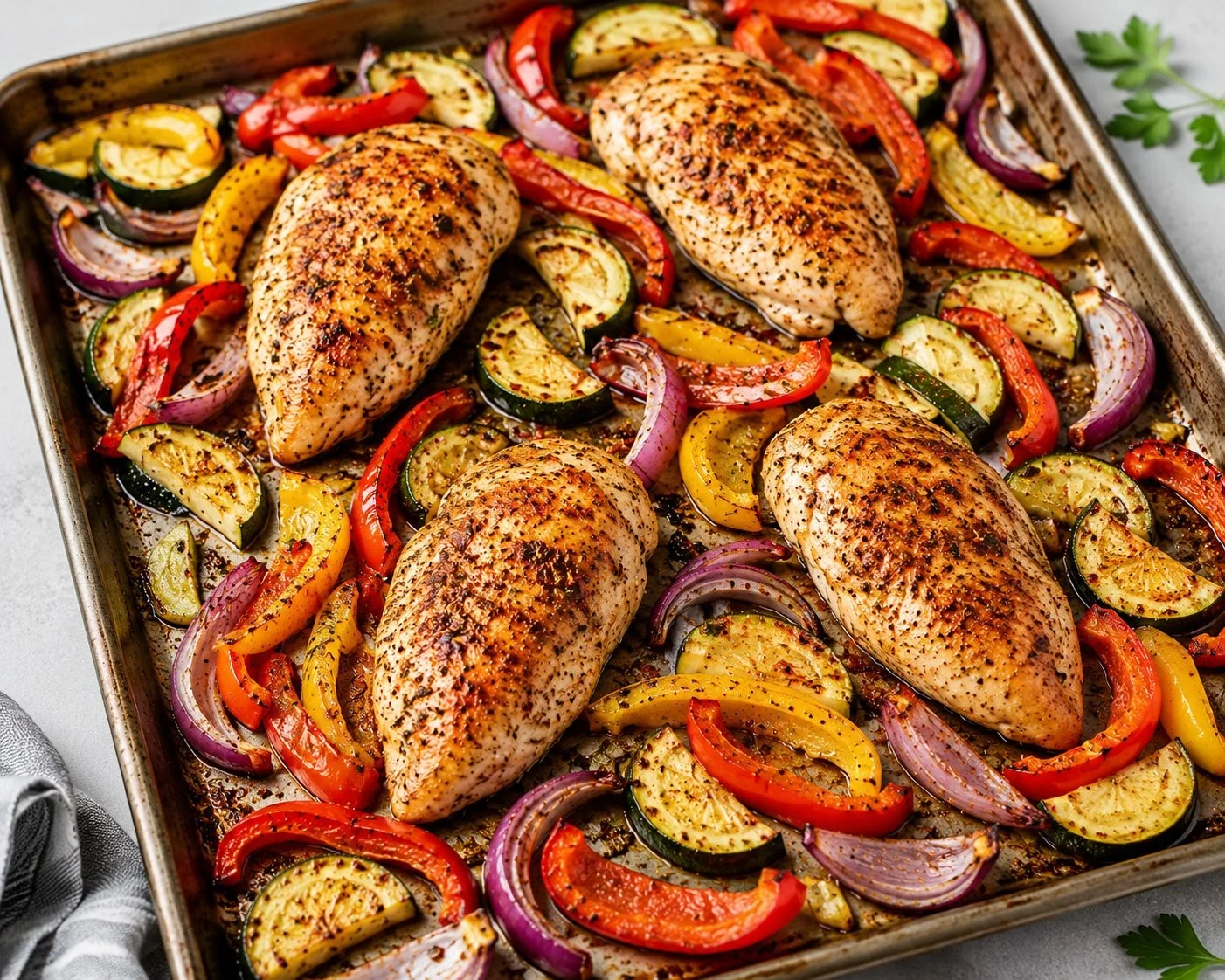 Sheet Pan Chicken and Veggies dinner ready to serve on a baking sheet