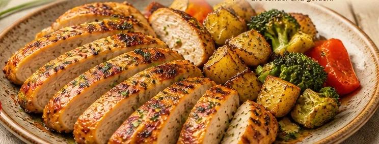Sheet pan featuring garlic butter chicken with colorful veggies ready to serve.