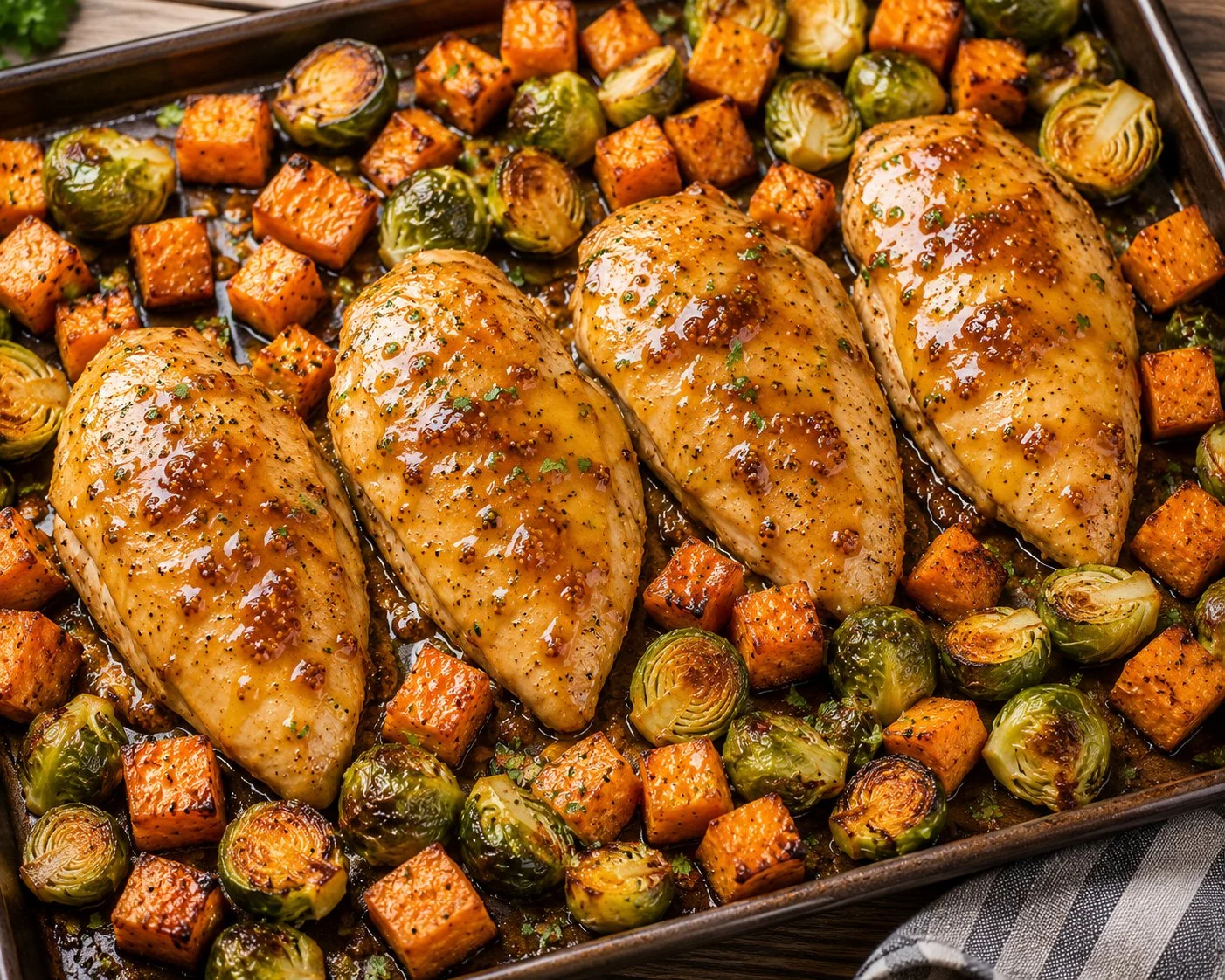 Sheet pan meal featuring honey dijon chicken, sweet potatoes, and Brussels sprouts.