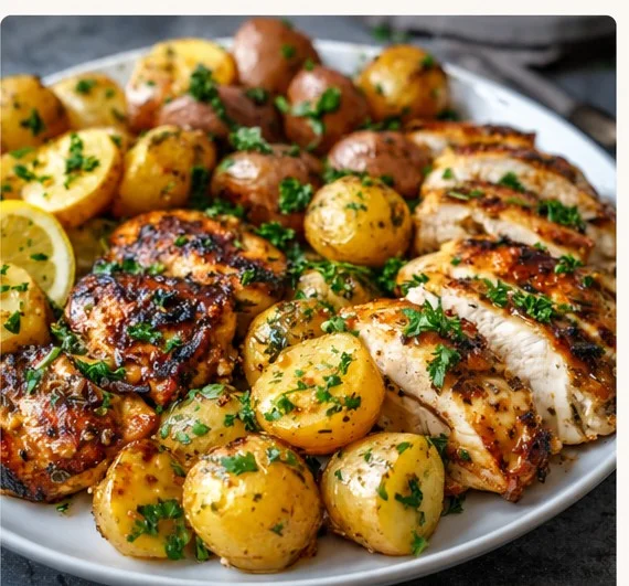 Sheet pan lemon balsamic chicken with roasted potatoes ready to serve.