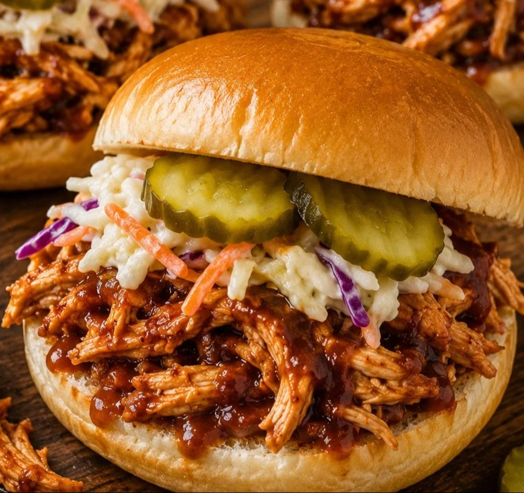 Delicious shredded chicken sandwiches served with fresh toppings