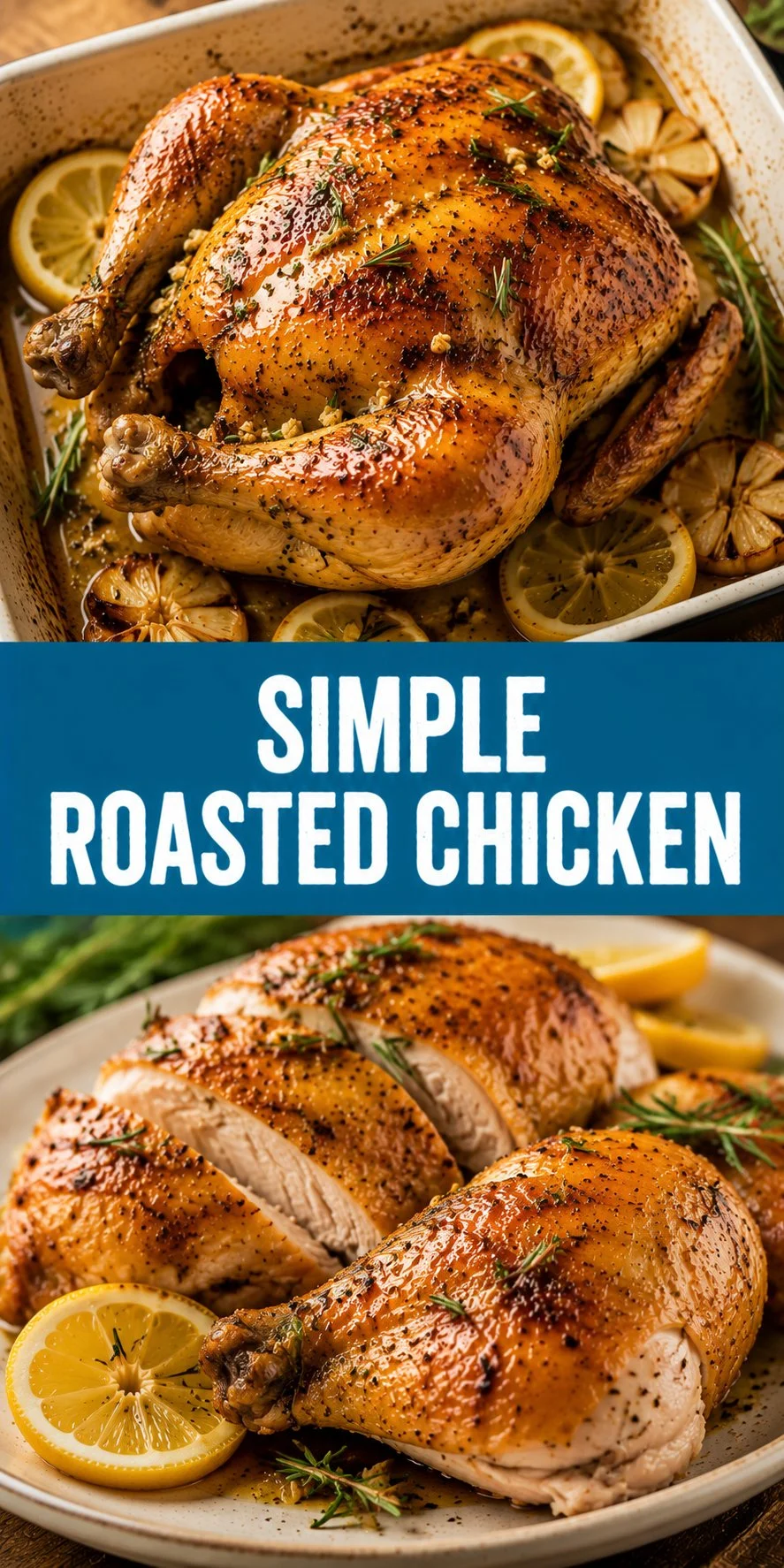 A beautifully roasted chicken seasoned with herbs and spices, served on a plate.