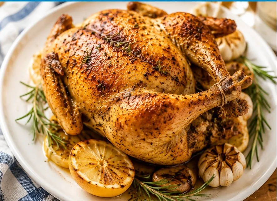 Delicious simple roasted chicken served with herbs and vegetables