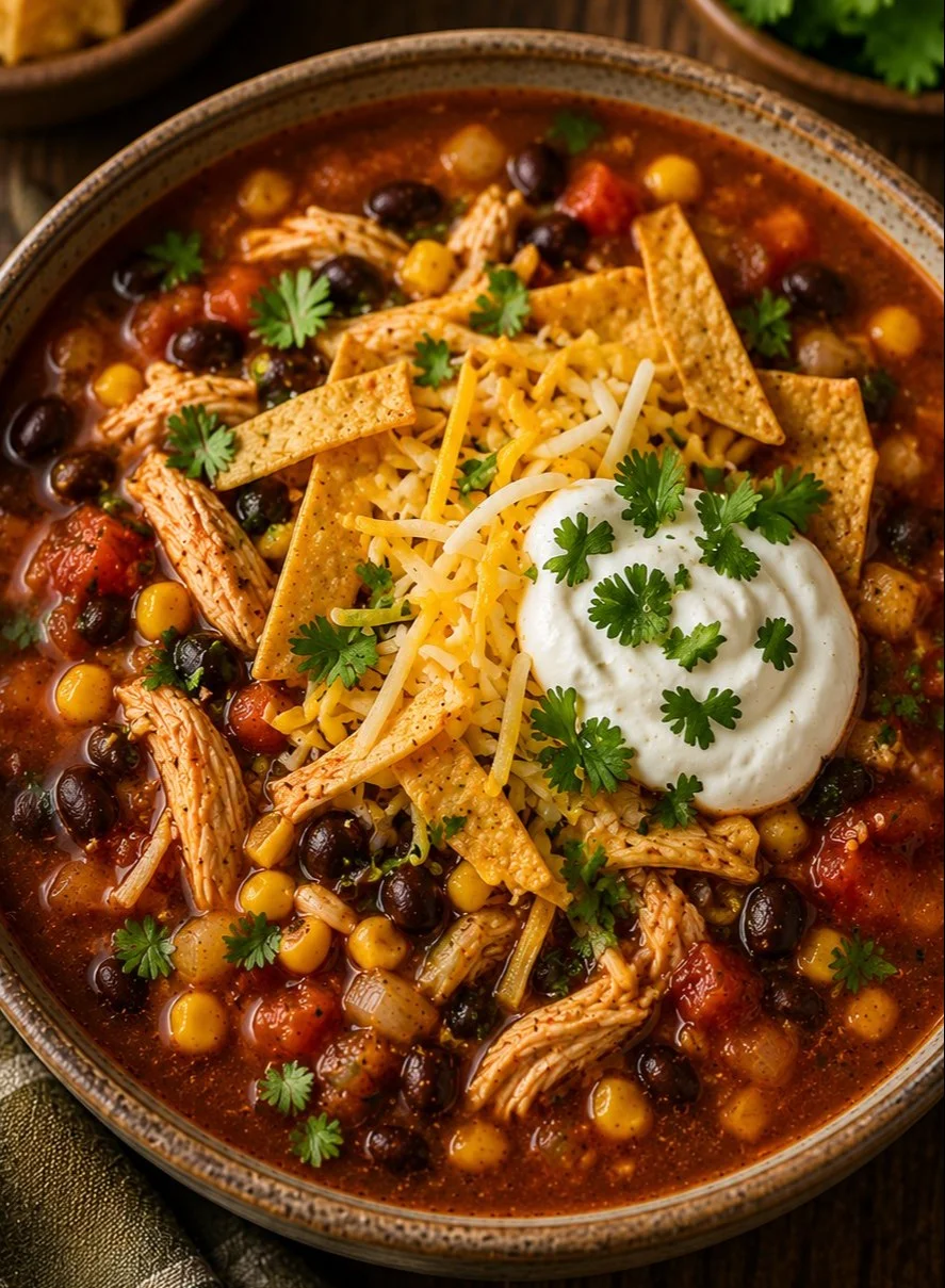 Bowl of Slow Cooker Chicken Tortilla Soup garnished with tortilla strips and avocado