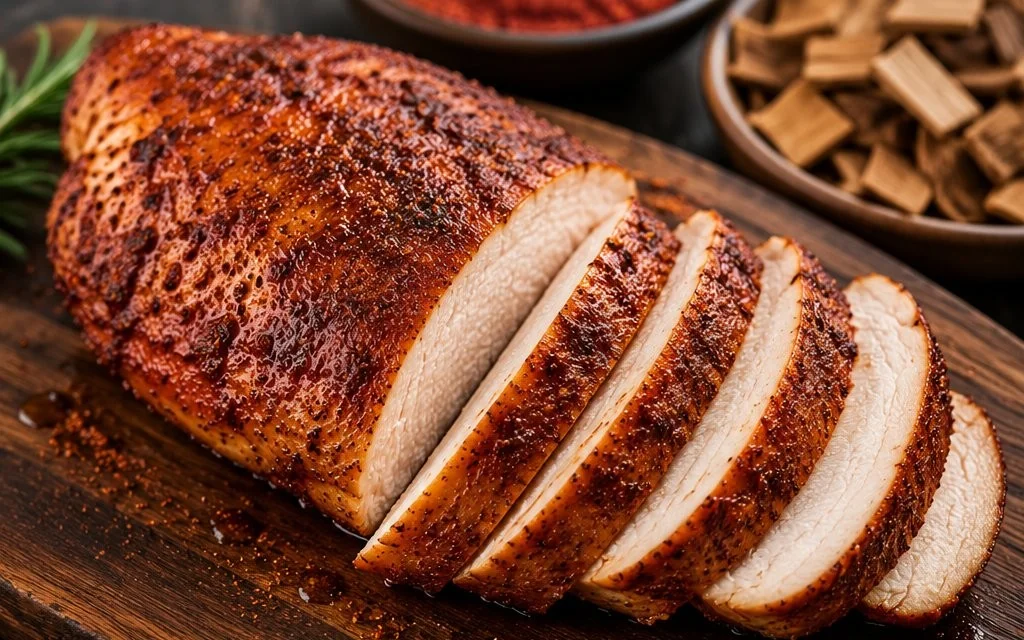 Succulent smoked chicken breast on a wooden board, garnished with herbs.