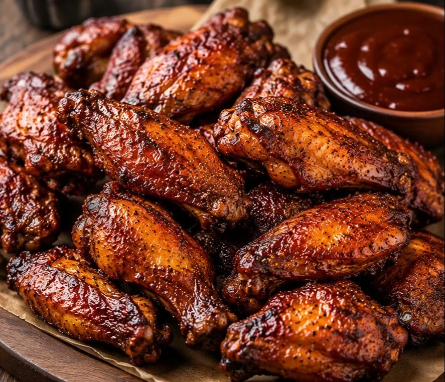 Delicious smoked chicken wings on a wooden platter with dipping sauce.